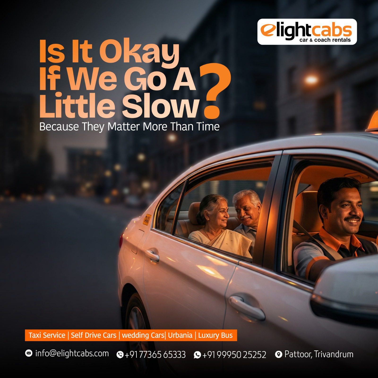 Night view of illuminated taxi cab on urban road