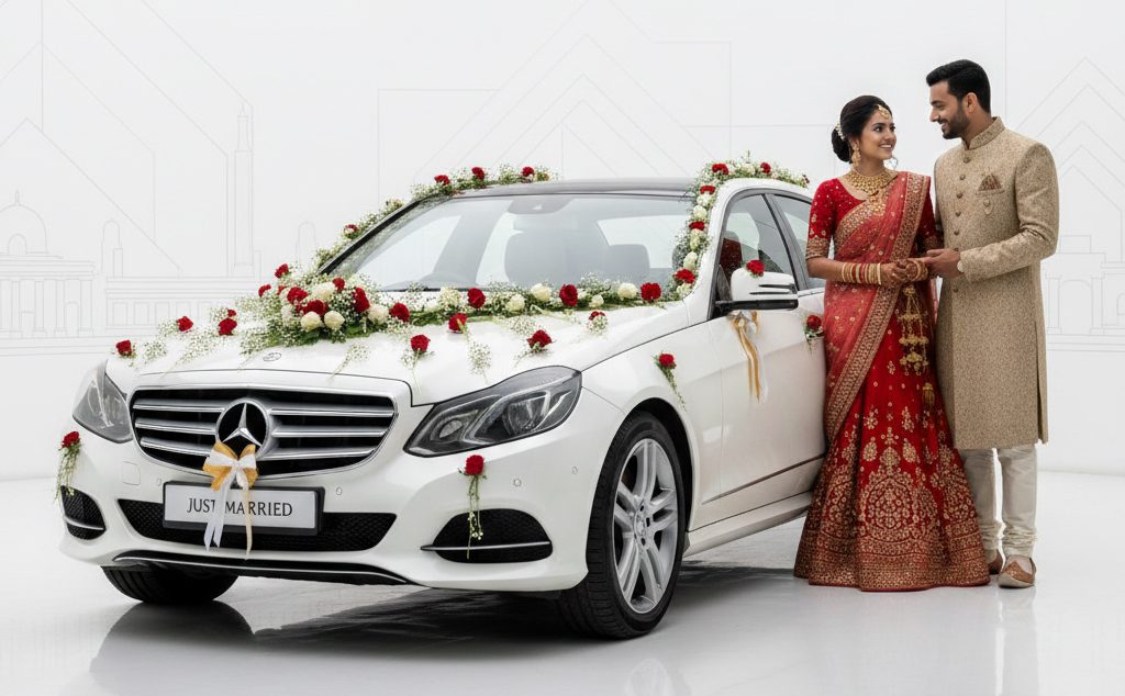 Luxury car decorated and ready for wedding guest transportation